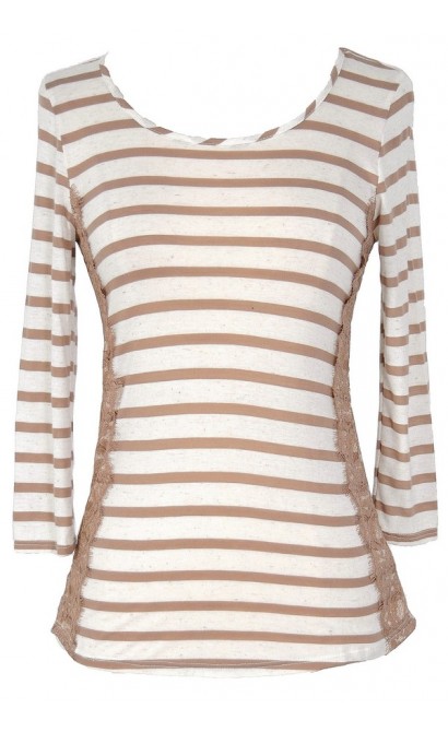Lace Side Mocha and Ivory Stripe Top